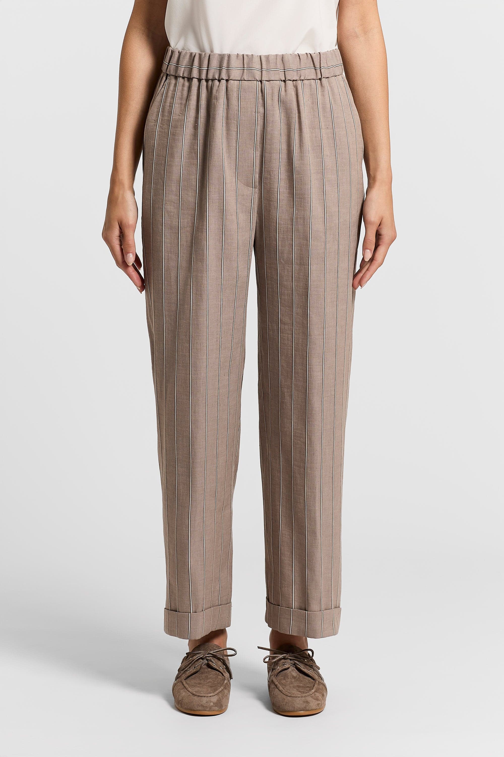Woman pants Cotton linen pinstriped twill Brown clay