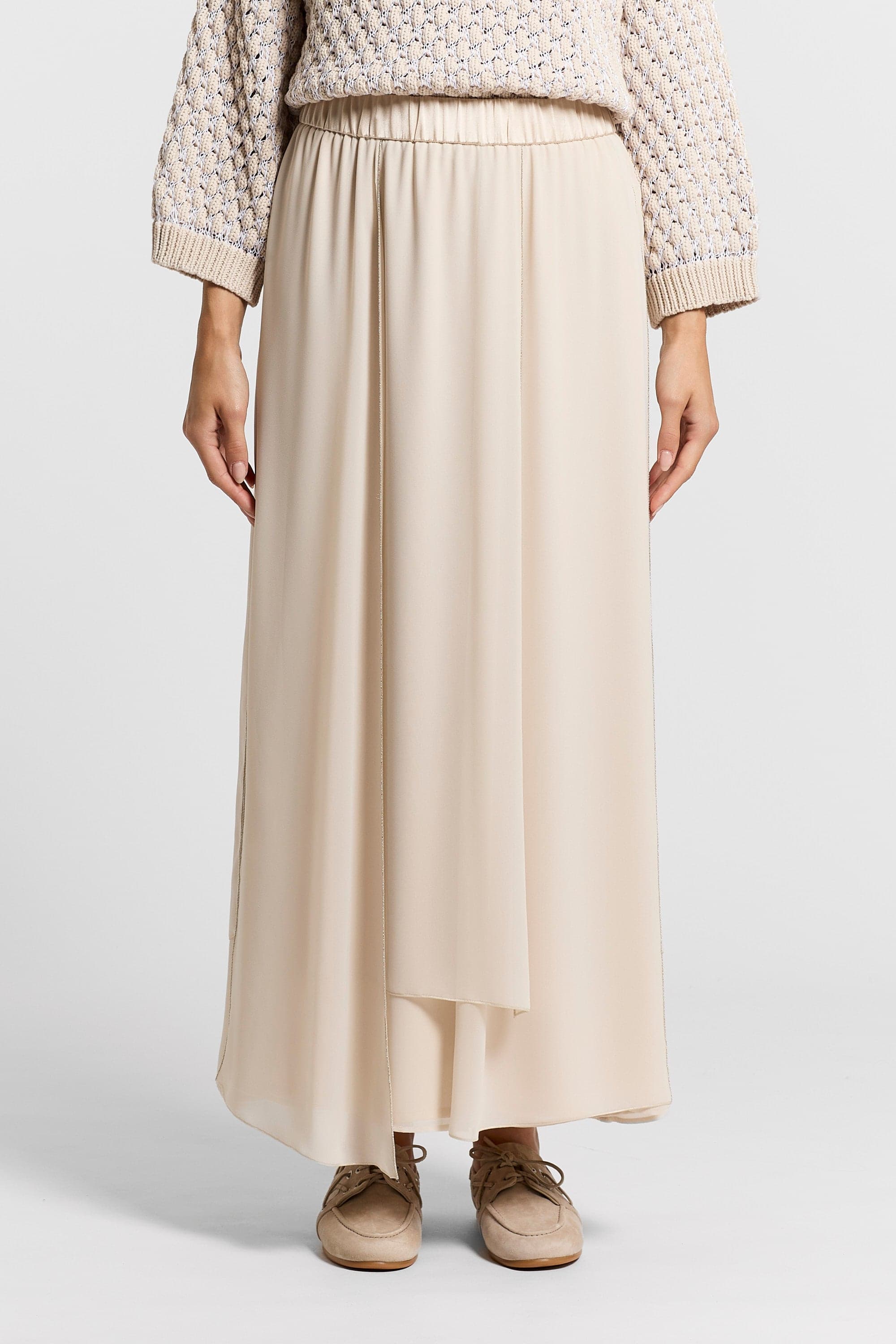 Woman skirt Light crepe with silk satin belt Beige birch