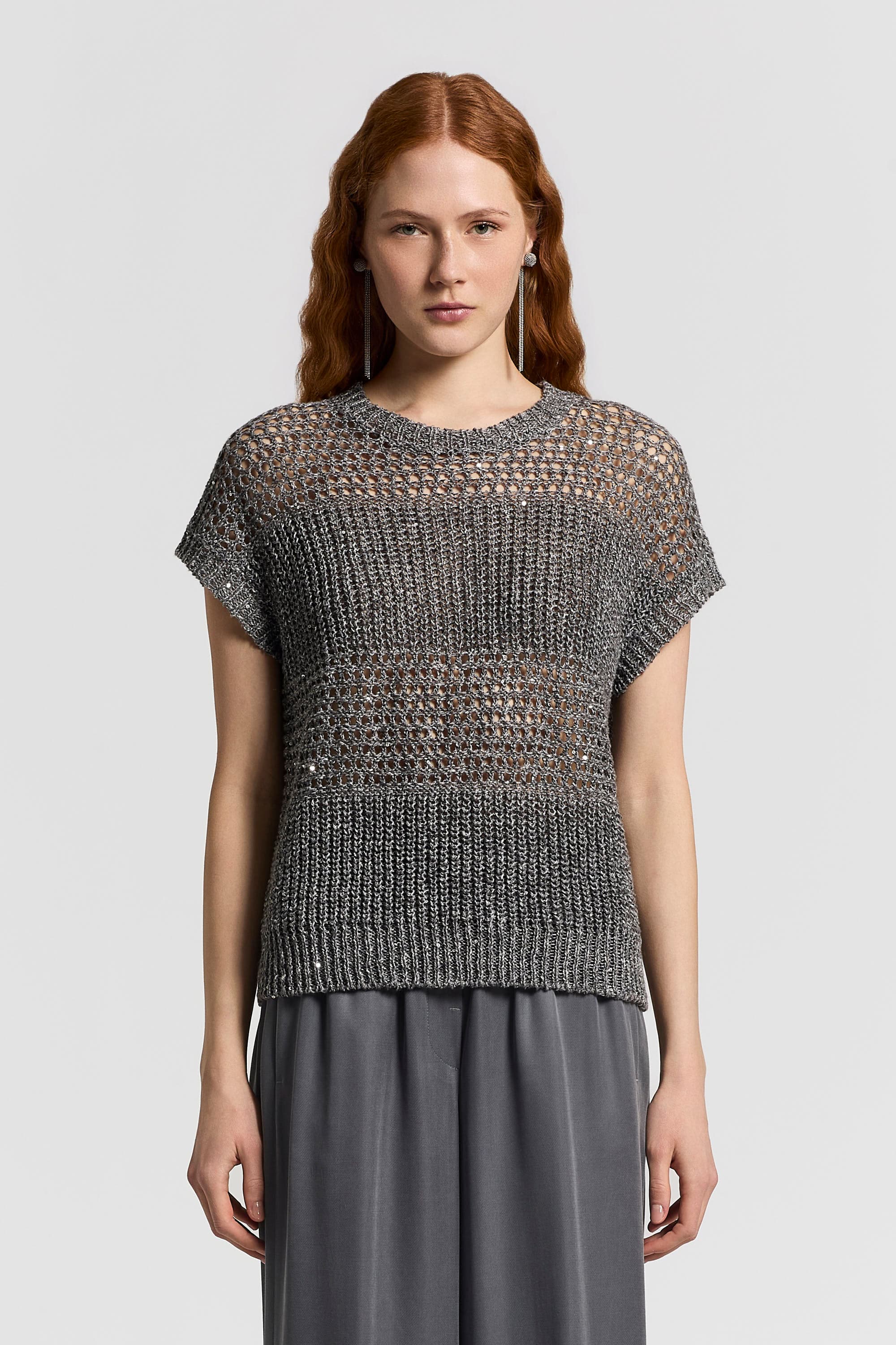 Tricot woman top Moulinè linnen yarn with sequins Aviator blue