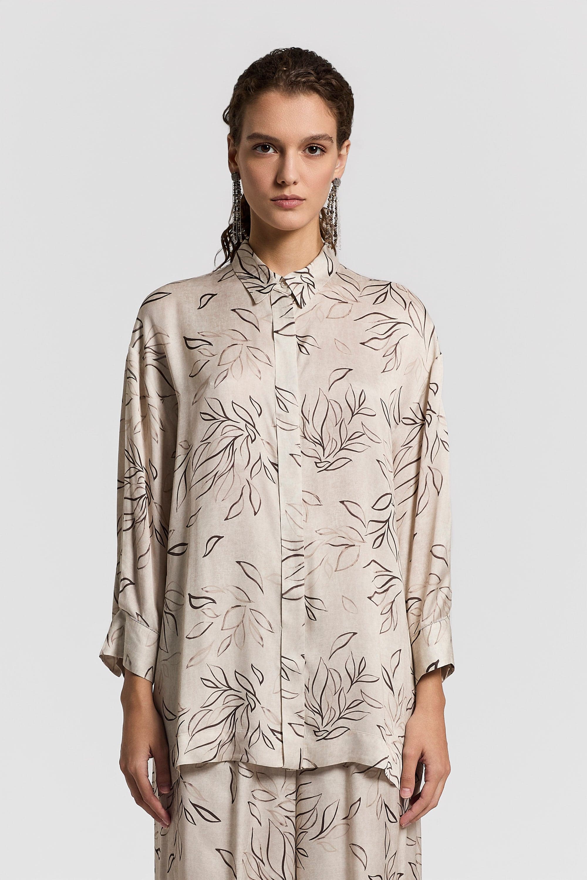 Woman shirt Printed flowy viscose satin Cornflower blue