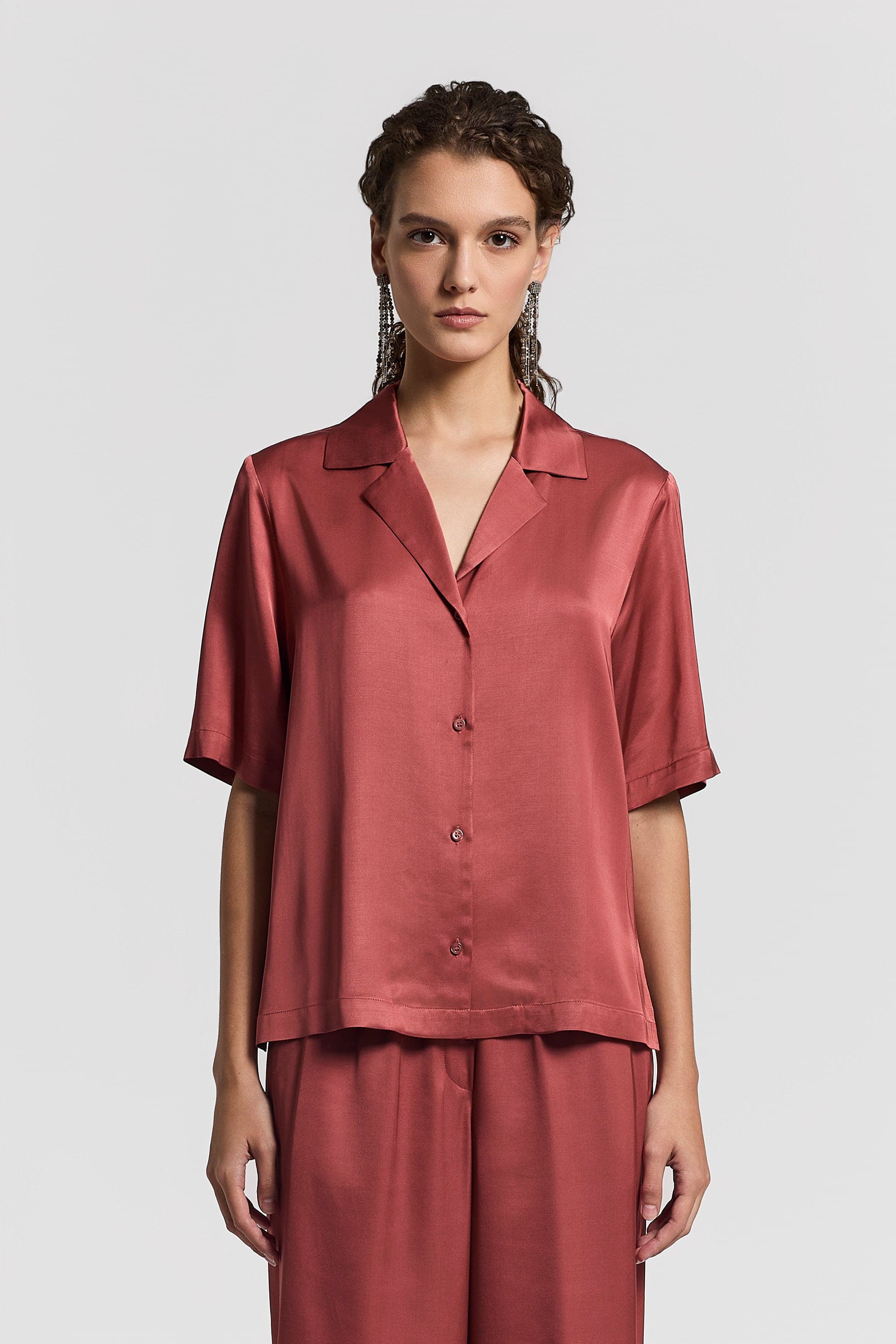 Woman shirt Viscose satin Photinia red