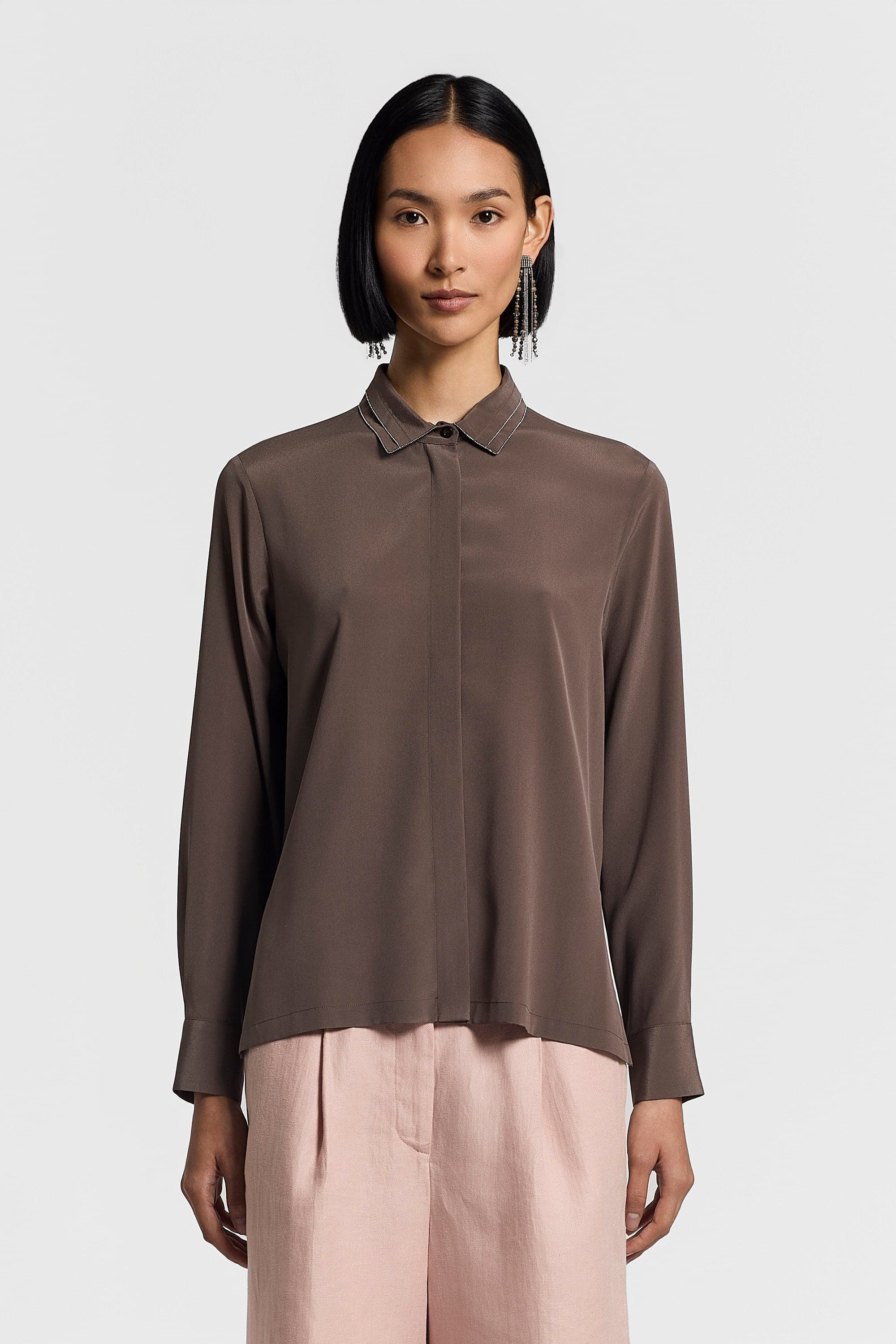 Woman shirt Stretch 16mm silk crepe de chine 16mm Brown bark