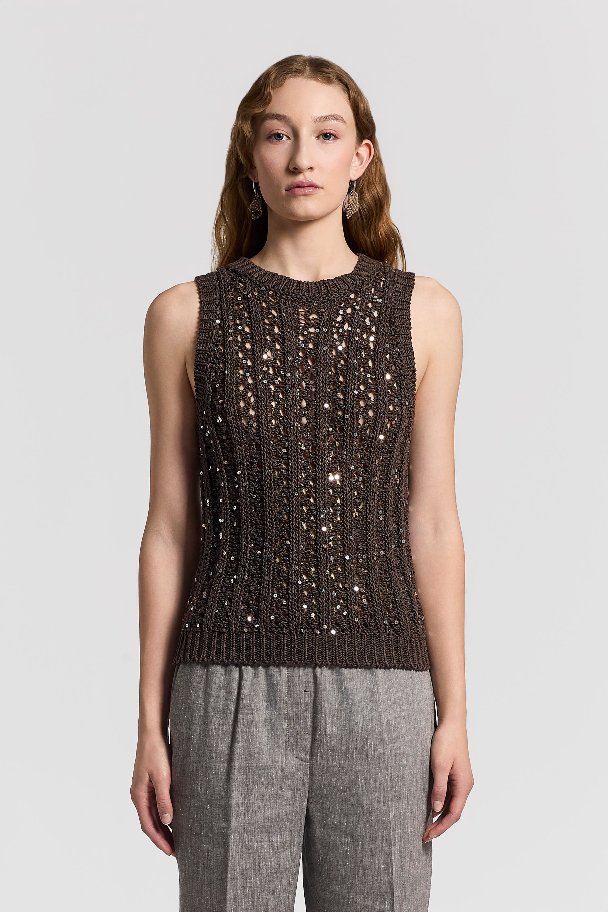 Knitted top Cotton tape with maxi bicolor sequins Brown bark