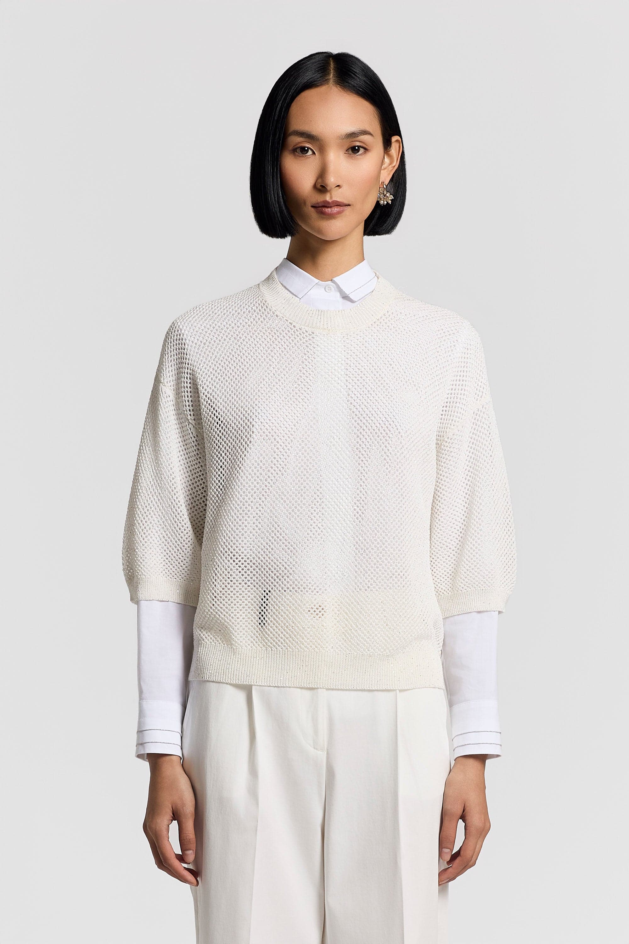 Knitted sweater Solid Egypt cotton yarn with sequins Solar white